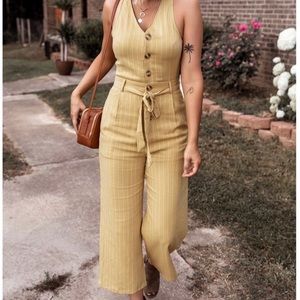 Emmer & Oat Jumpsuit Halter Pinstripes Mustard Cotton Blend Size Small Pockets